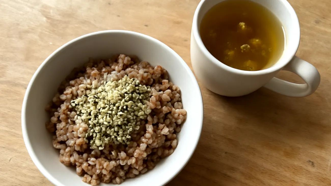 Buchweizen-Porridge mit Hanfsamen und Kamillentee-Aufguss"