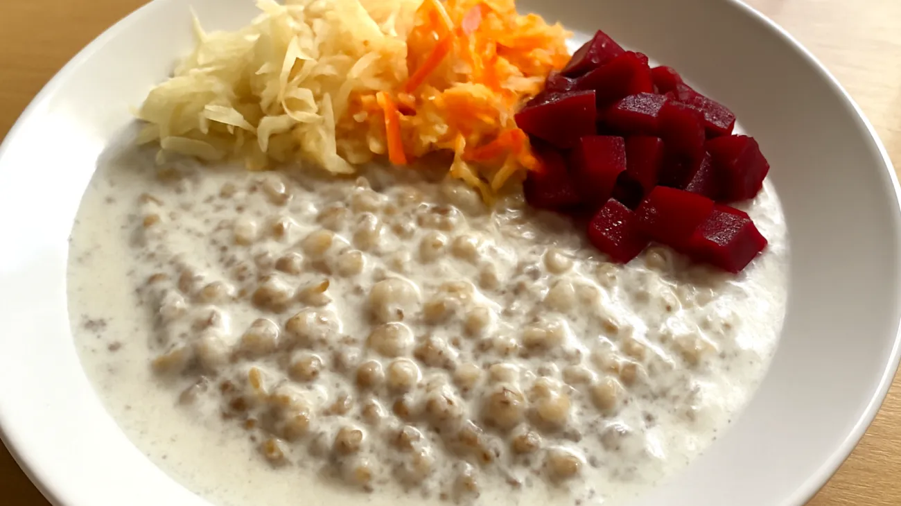 Kefir-Buchweizen-Porridge mit fermentiertem Gemüse"
