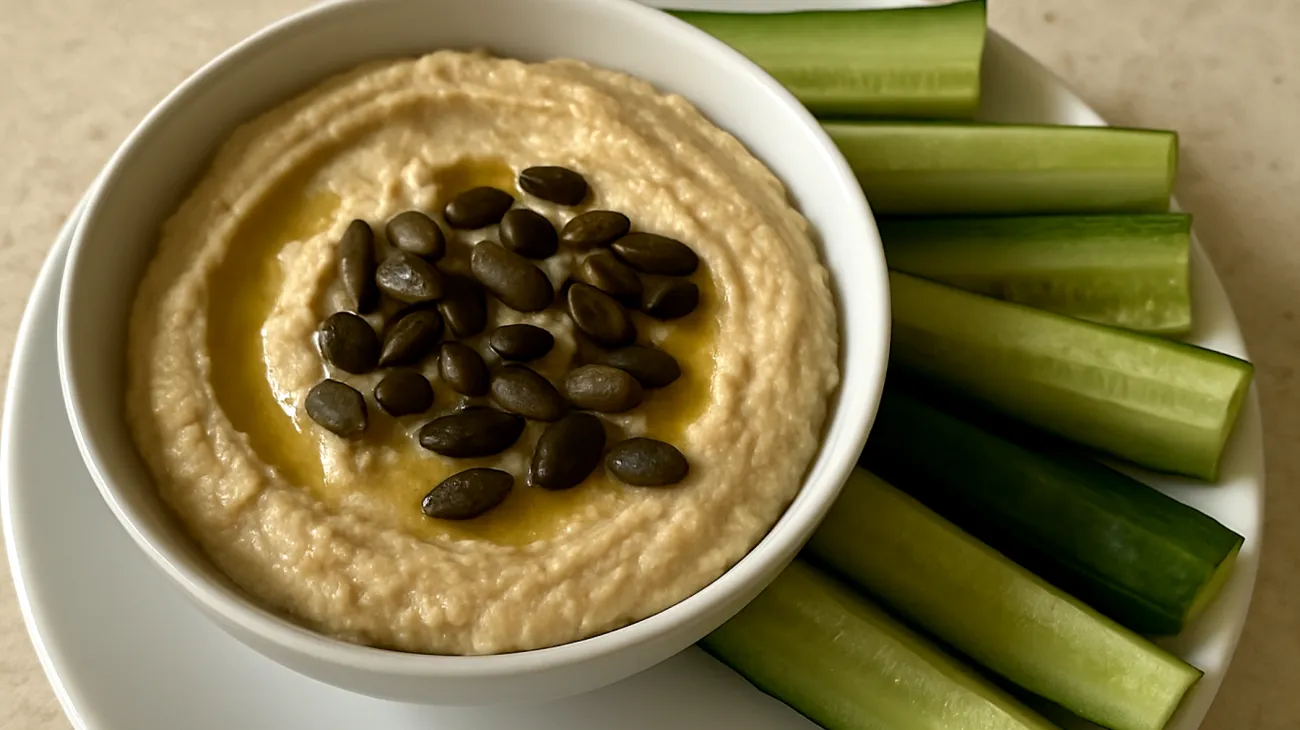 Kichererbsen-Hummus mit gerösteten Kürbiskernen und Gurken-Sticks"