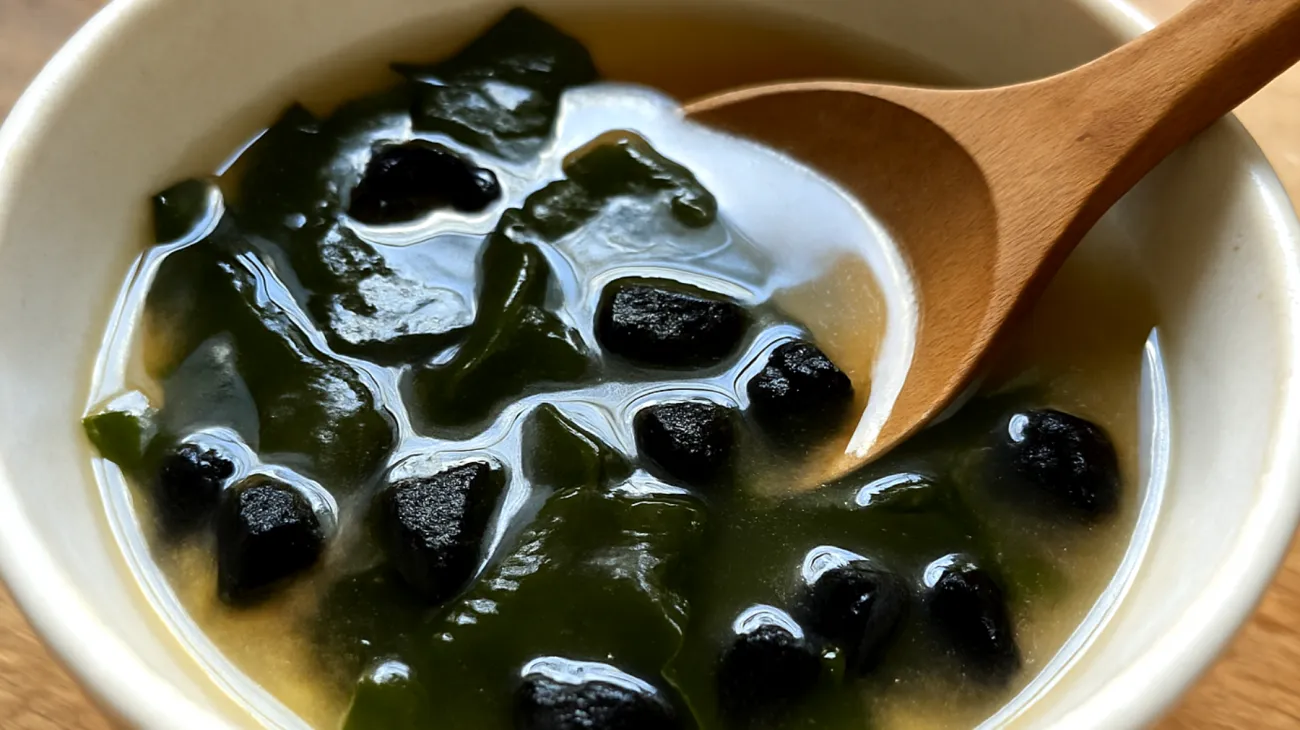 Miso-Suppe mit Wakame-Algen und fermentiertem schwarzen Knoblauch"