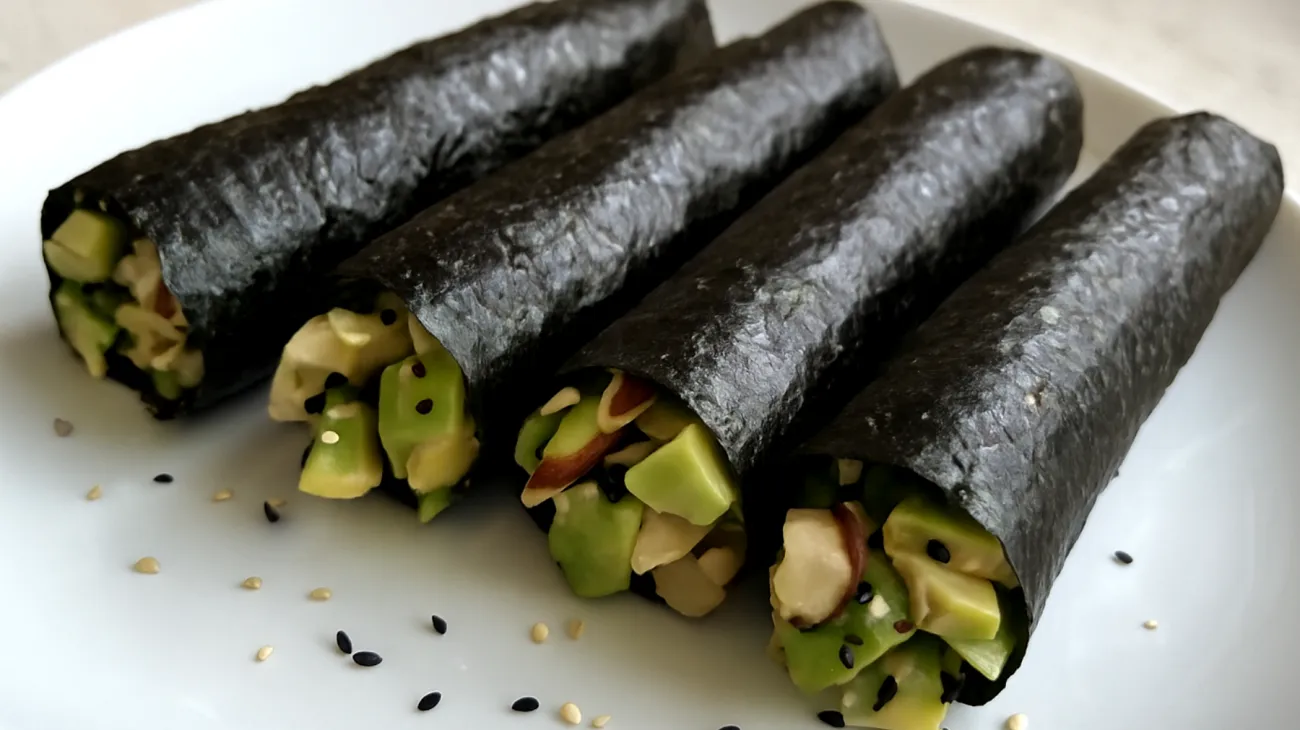 Nori-Mandel-Röllchen mit Avocado und Sesam"