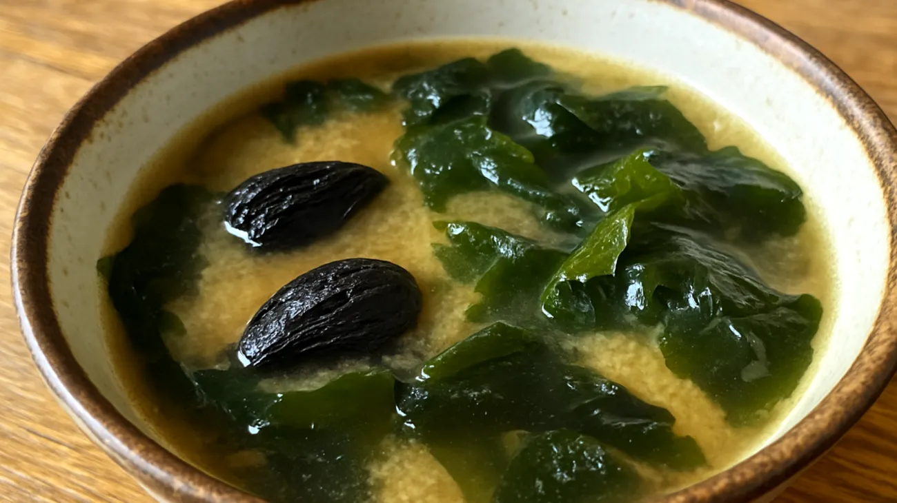 Miso-Suppe mit Wakame-Algen und fermentiertem schwarzen Knoblauch"