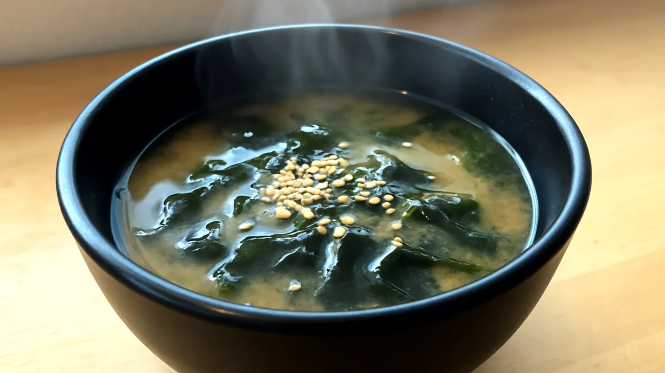 Miso-Suppe mit Wakame-Algen und geröstetem Sesam"