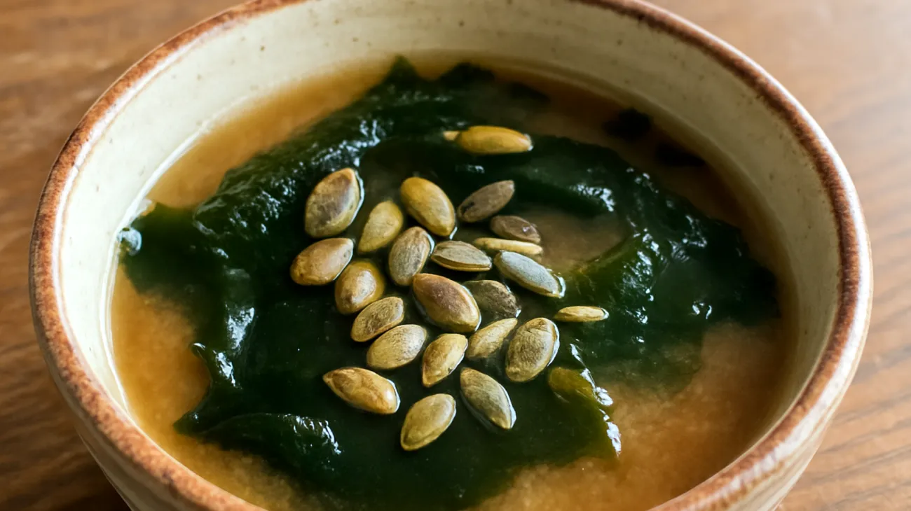 Miso-Suppe mit Wakame-Algen und gerösteten Kürbiskernen"